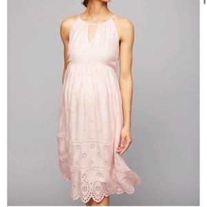 LED (Luxe Essentials Denim) Light Baby Pink Eyelet Halter Midi Maternity Dress